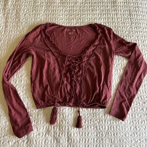 American Eagle Pink Cropped Long Sleeve with Tassels
